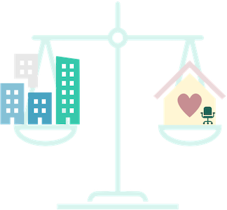 Graphic of scales with office buildings and home in balance.